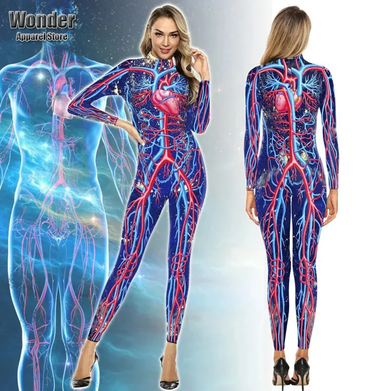 

Women Men Human Body Skull Skeleton 3D Printing Jumpsuit Adult Halloween Cosplay Costumes Party Role Playing Dress Up Outfit