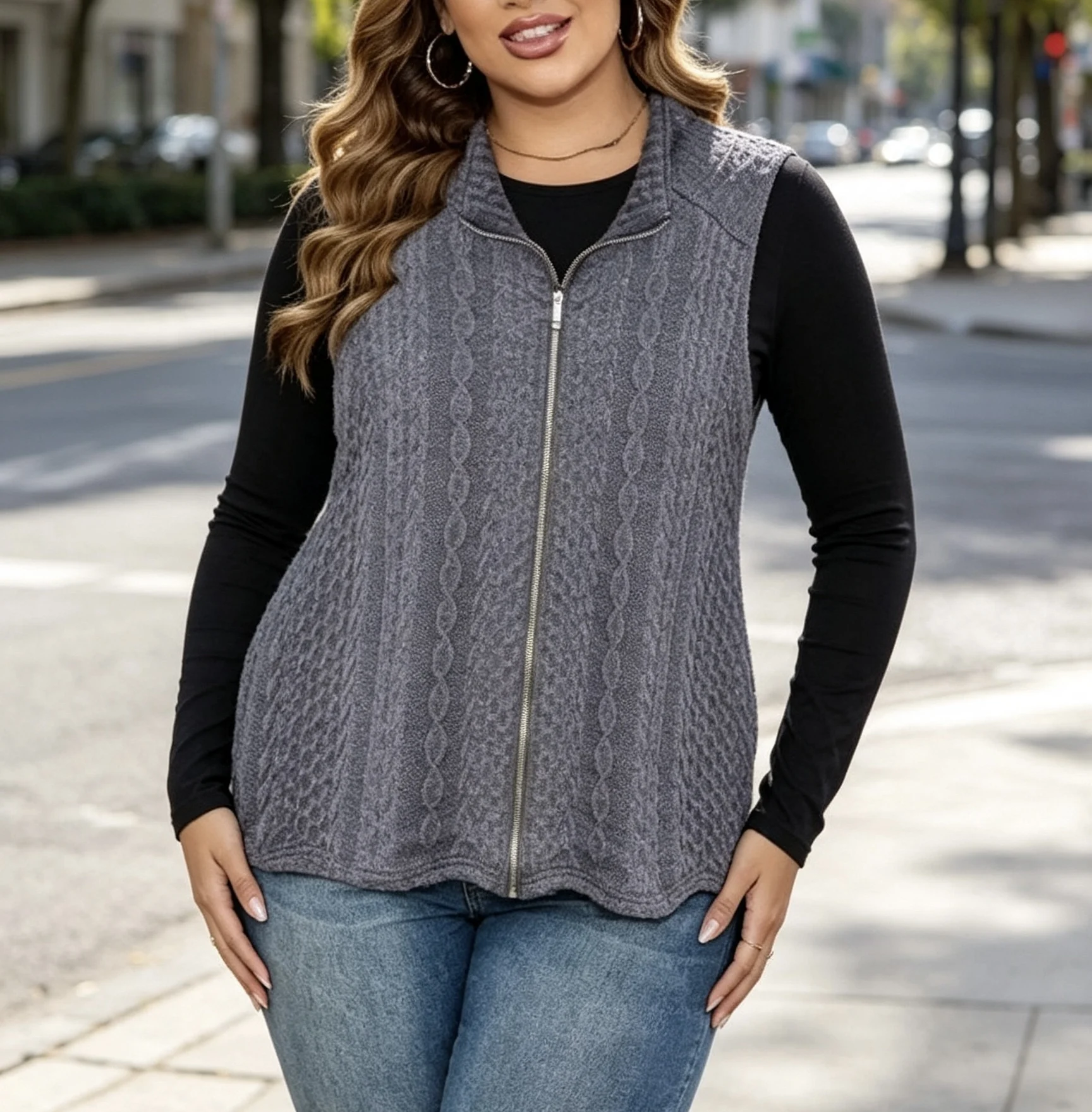 European and American Plus Size Women's Stand Collar Zipper Cable Knit Vest Jacket; Solid Color Sleeveless Knit Vest