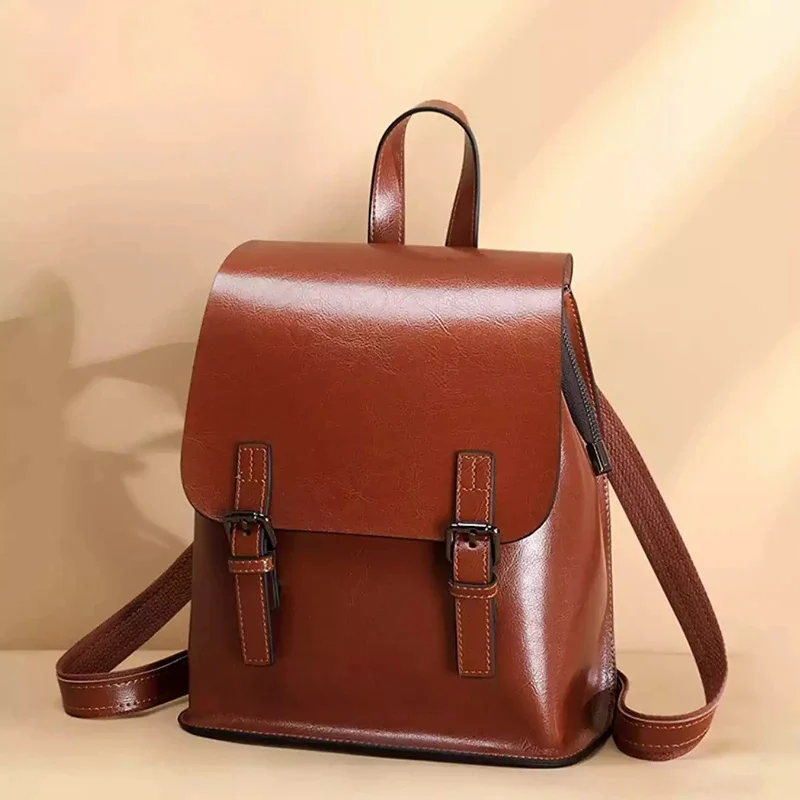 

Genuine Leather Women Backpack Rucksack Shoulder Messenger Bags Computer Oil Wax Cowhide Lady Female School Book Bag Daypack