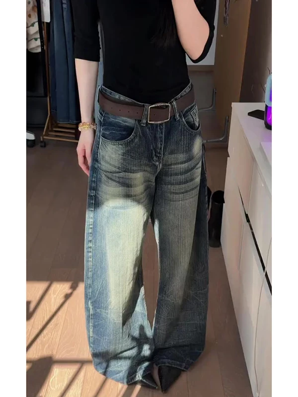 

American Style Vintage Faded Knife Pants High Waist Loose Straight Leg Wide Leg Scythe Jeans Women's Spring New Arrival