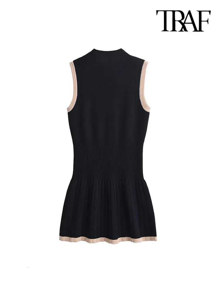 TRAF-Sleeveless Knit Mini Dress for Women, High Neck, Patchwork, Female Dresses, Chic Fashion