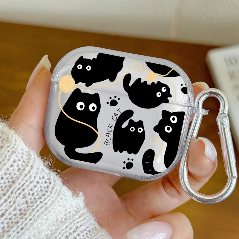 Cute Cartoon Black Cat Earphone Case for AirPods Pro3/Pro2/Pro Earbuds Case For AirPods 4/3/2/1 Shockproof  TPU Protective Cover