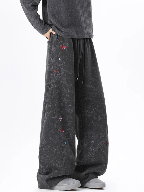 

Trendy Embroidered Thiened Fce Lined Dstring Waist Sports Pants Men's Winter American Sle Casual Trousers