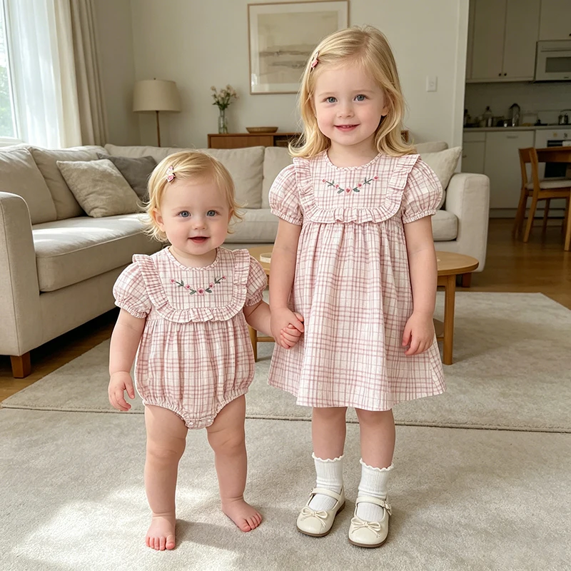 2026 Sommer-Schwesterkleidung 0-24M Baby Mädchen Kurzarm-Body mit Gitter-Stickerei 2-6 Jahre Süße Partykleider für Kinder