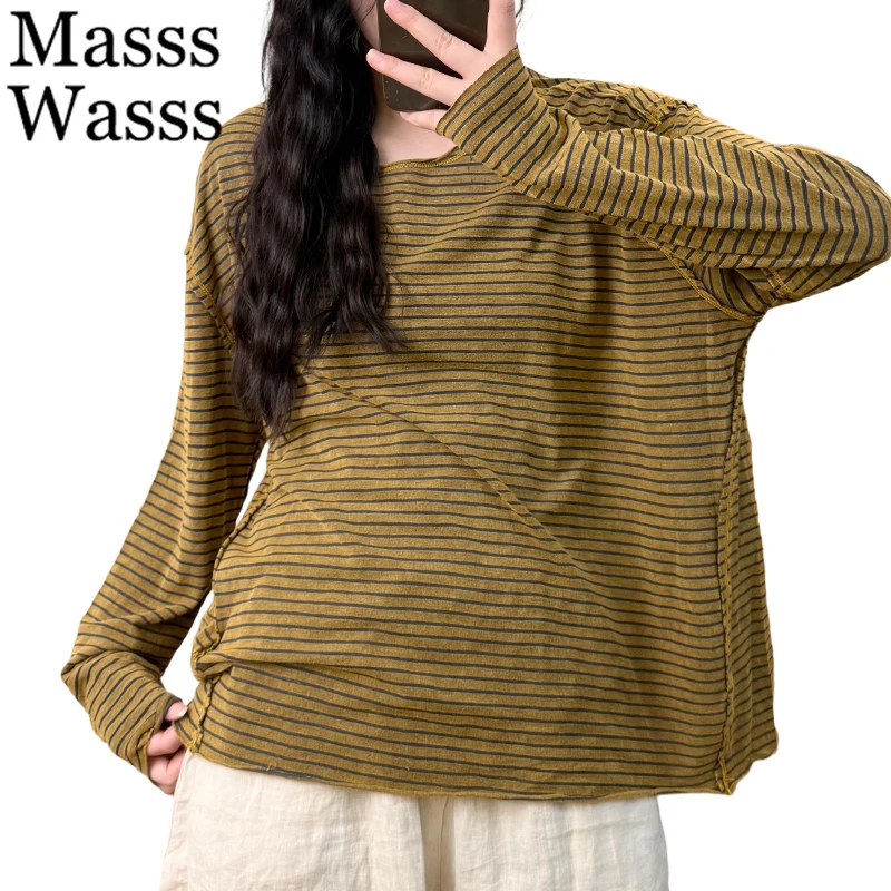 

Mass Wasss 2025, зимняя модная дизайнерская одежда, женские свободные повседневные полосатые футболки, женские винтажные классические хлопковые топы с круглым вырезом