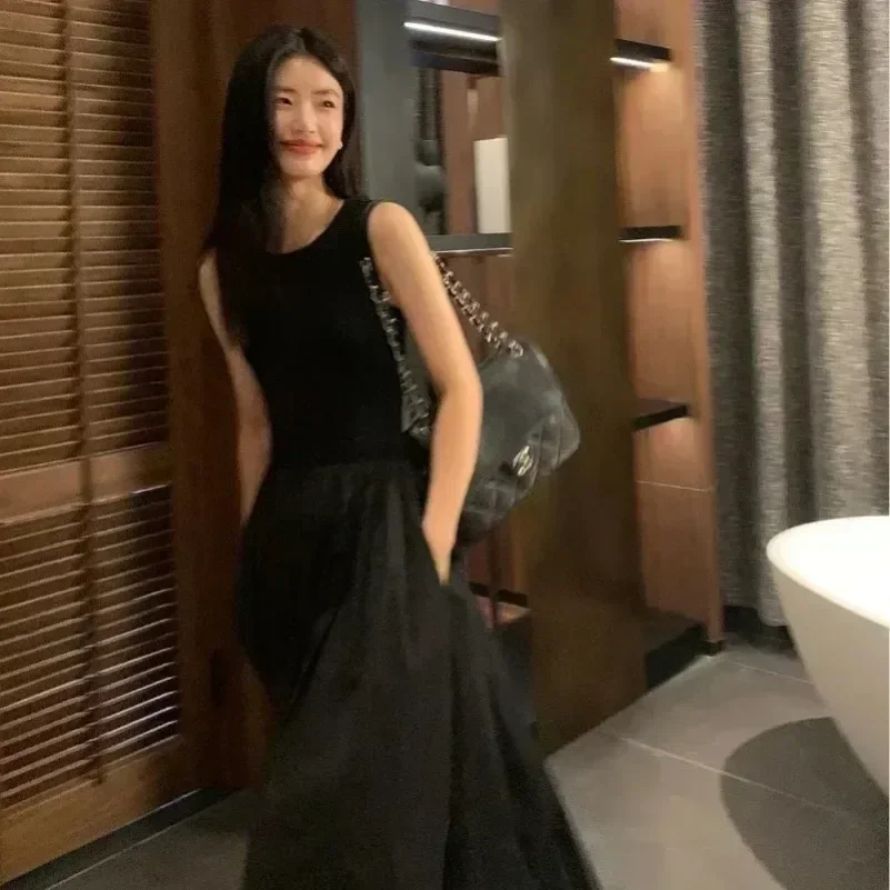 Neue Weibliche Mode Stil Kleid Sommer Rundhals ÄrmelloseHohe Taille Temperament Einfache Elegante Schwarze Lange Kleider Für Frauen