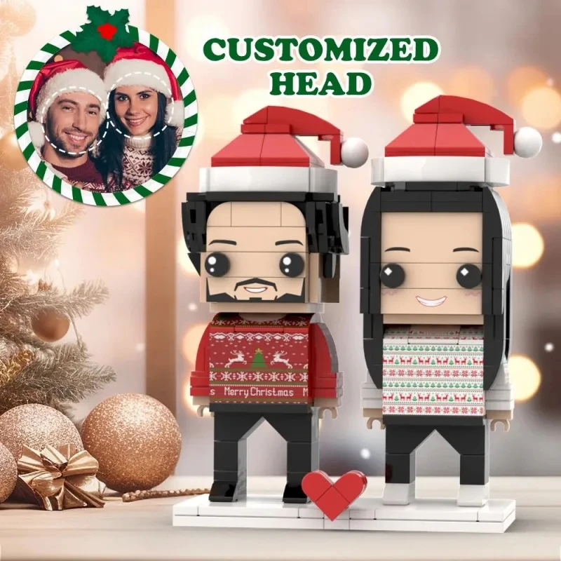 

Christmas Matching Couple Pajamas Custom Face Brick Figures Customizable Head 2 People Custom Brick Figures Granules Photo