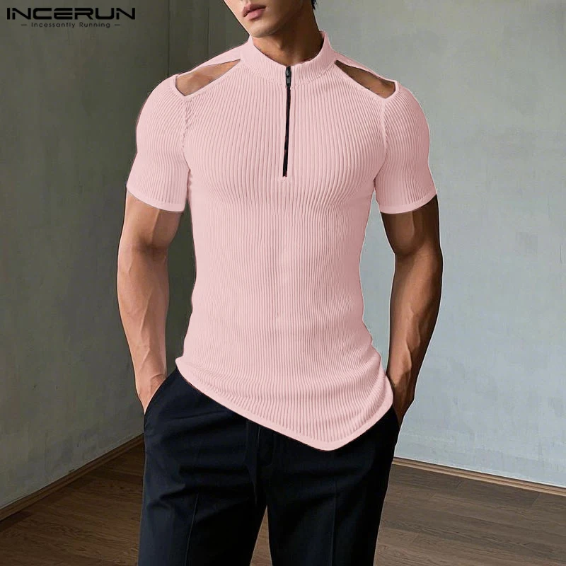 

INCERUN Tops 2025 Korean Style Men Fashion Texture Hollow Design T-shirt Casual Streetwear Irregular Solid Long Sleeved Camiseta