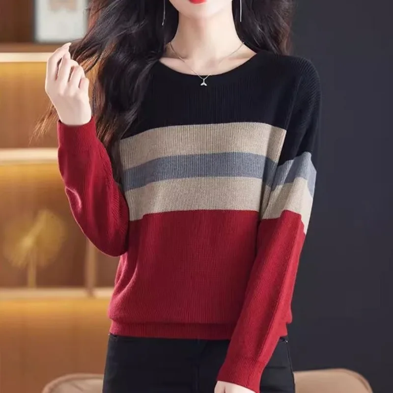 ملابس حريمي موضة ربيع الخريف الكورية مخطط اللون حجب الحياكة الإناث كل مباراة تظهر رقيقة سترة البلوفرات Te