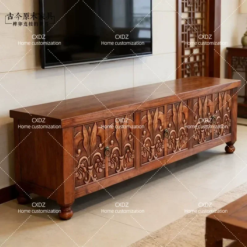 Solid Wood TV Cabinet 180cm Old Elm Log Style Chinese Carved Entertainment Center for Small Apartment Living Room Furniture