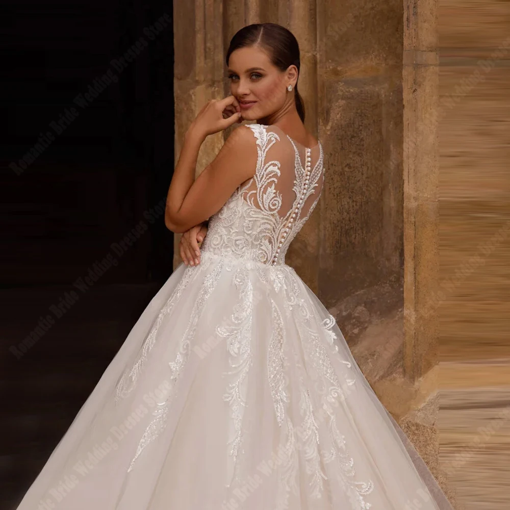 Elegant ผู้หญิงชุดแต่งงาน Sweetheart COLLAR A-Line ชุดเจ้าสาว Mopping ความยาวแขนกุดพรรค Vestidos De Novia ที่กําหนดเอง