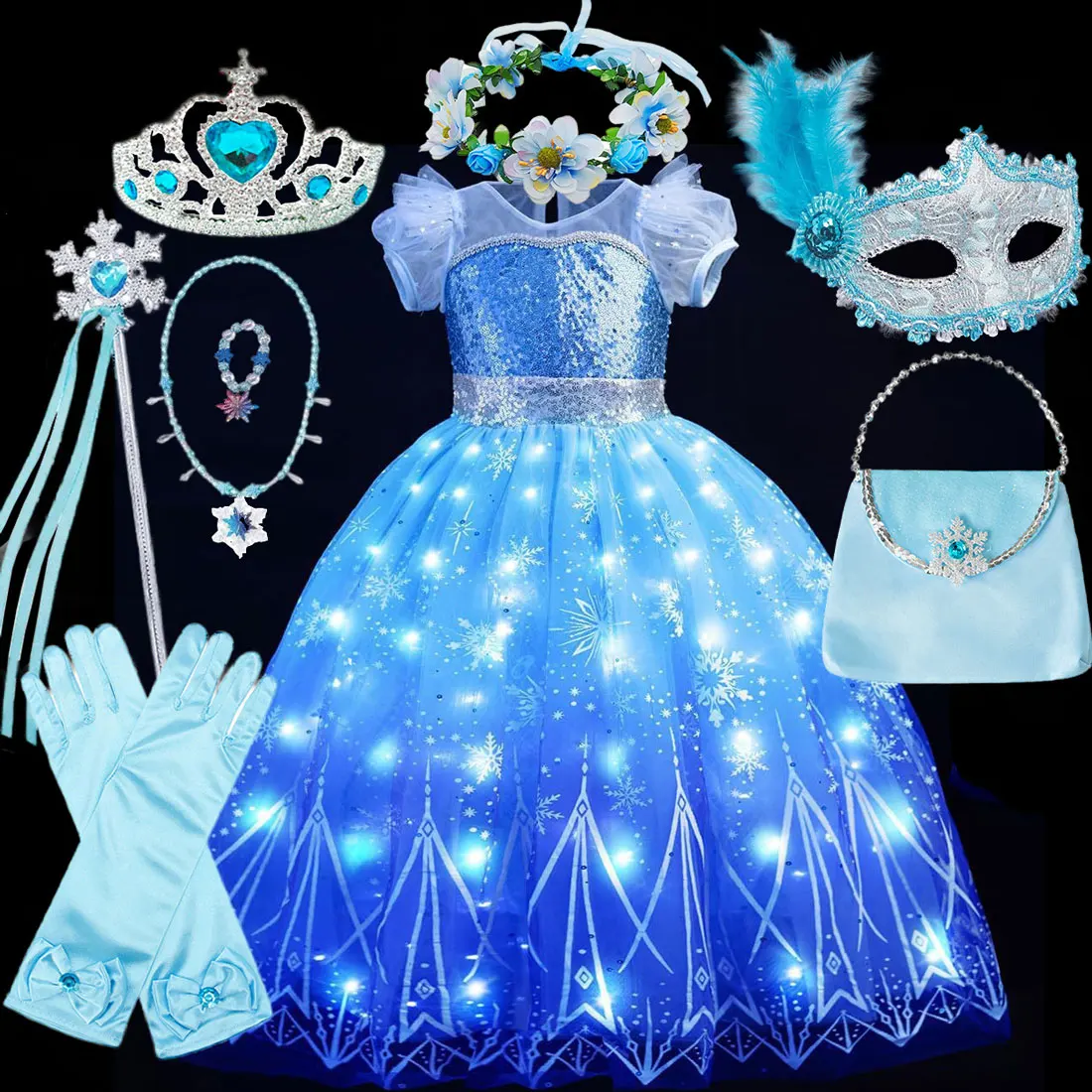 Disney Elsa Role Playing Dress Light Up Kids Halloween Frozen Carnival Apparel Girls Birthday Elsa Princess Glowing Vestidos