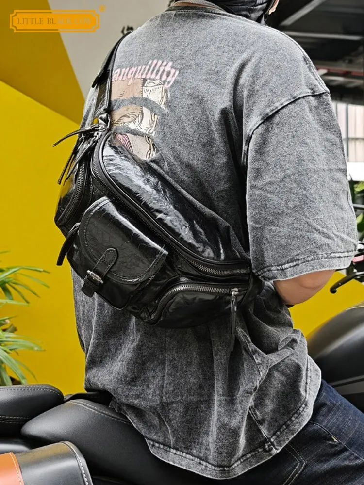 

Fashion Mens Cowhide Genuine Leather Chest Bag Casual Motorcycle Biker Shoulder Bags Multi Pockets Riding Strap Crossbody Bags