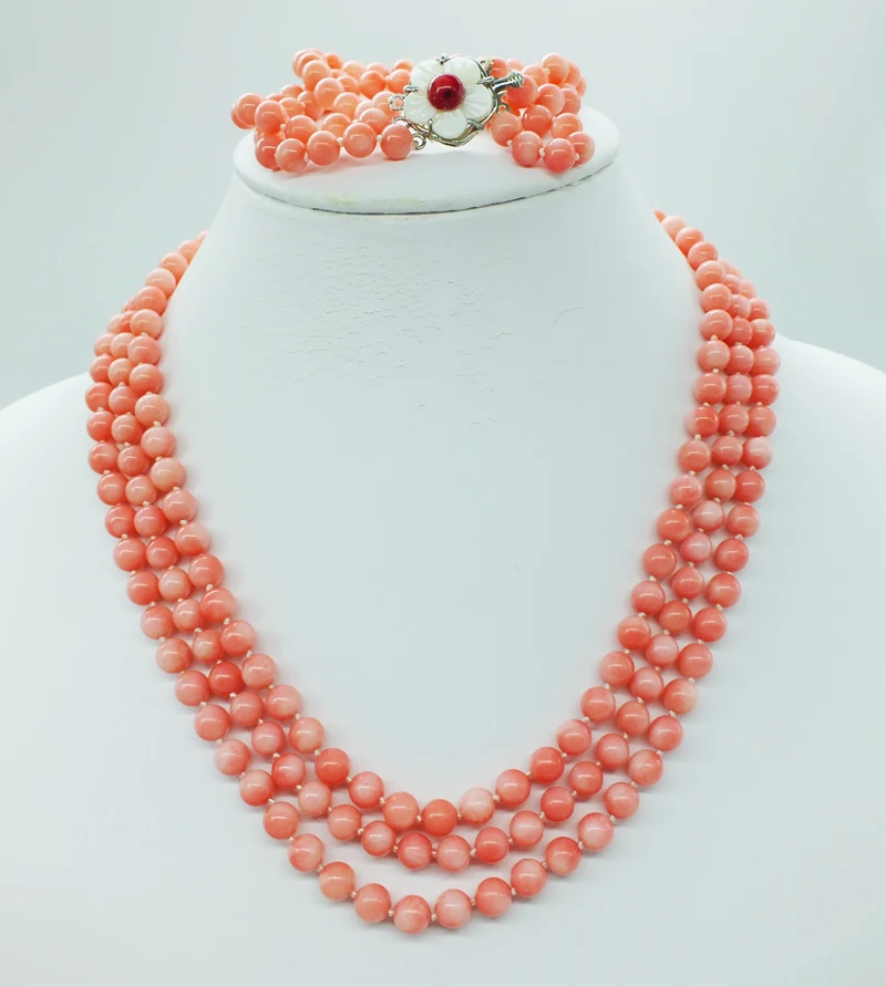 It is great alone, a very classic 6MM pink coral necklace. Bracelet