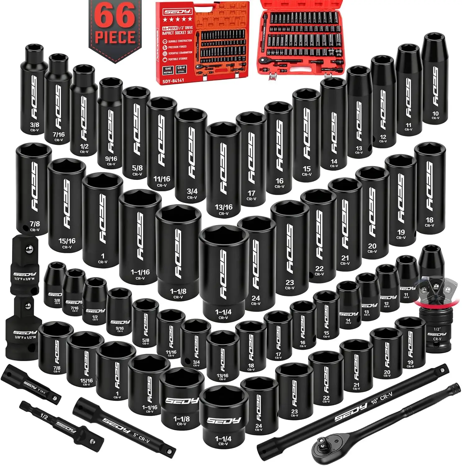 66 Piece 12 Drive Impact Socket Set SAE 38 To 114 Metric 10 24mm Deep Standard 6 Point Cr V Sockets Ratchet Extension Bars Adapt