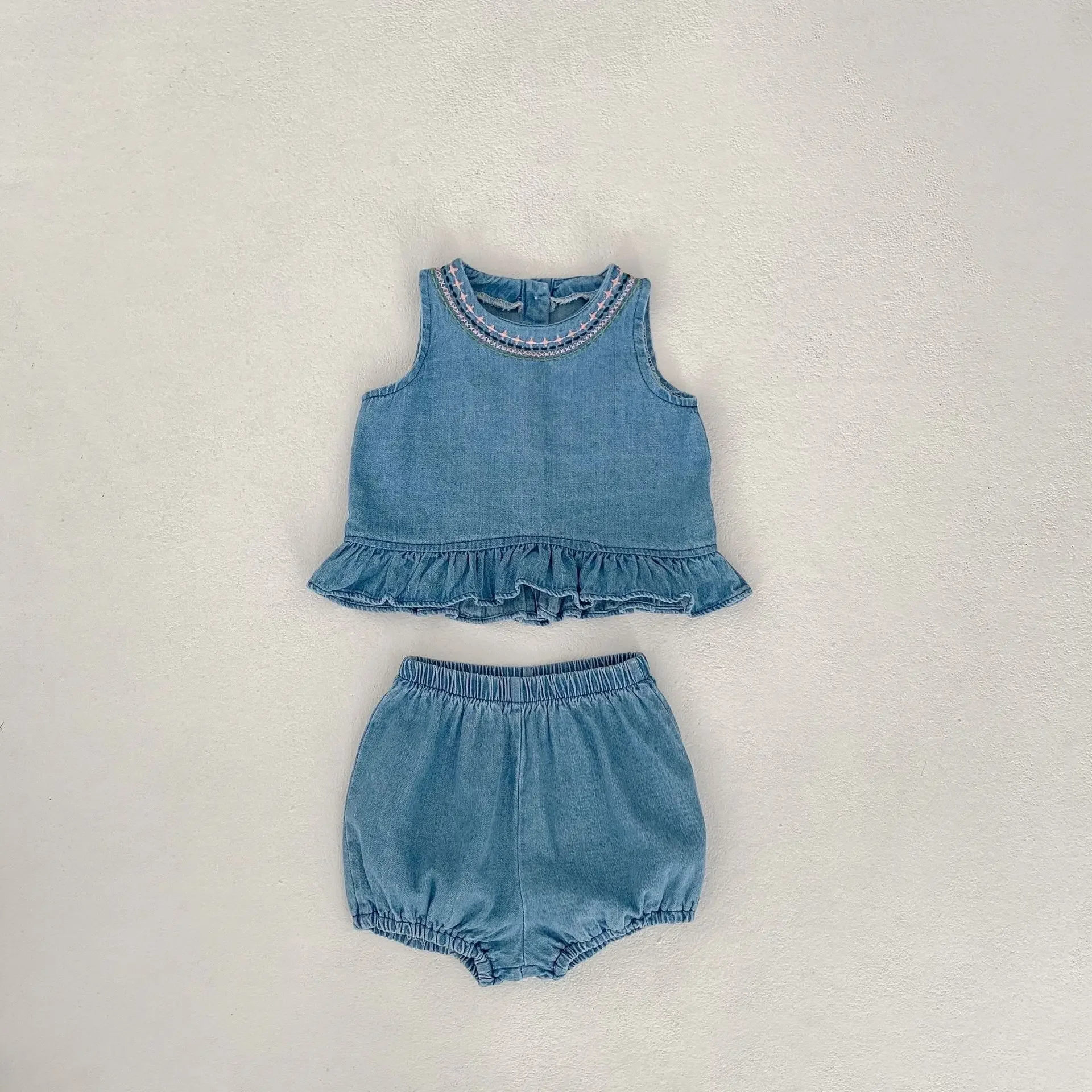 2pcs Summer 0-3Y Baby Girl Denim Clothing Set Kids Infant Sleeveless Embroidered Tops Bloomer Shorts Outfits