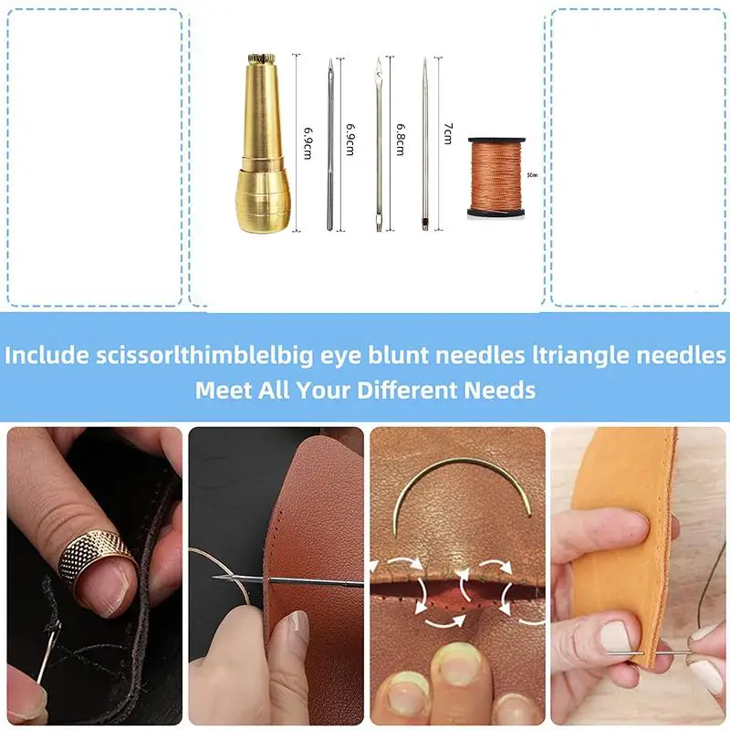 Leather Sewing Kit DIY Leather Sewing Awl Needle With Copper Handle Set Leather Canvas Tent Shoes Repairing Tool W/Nylon Thread