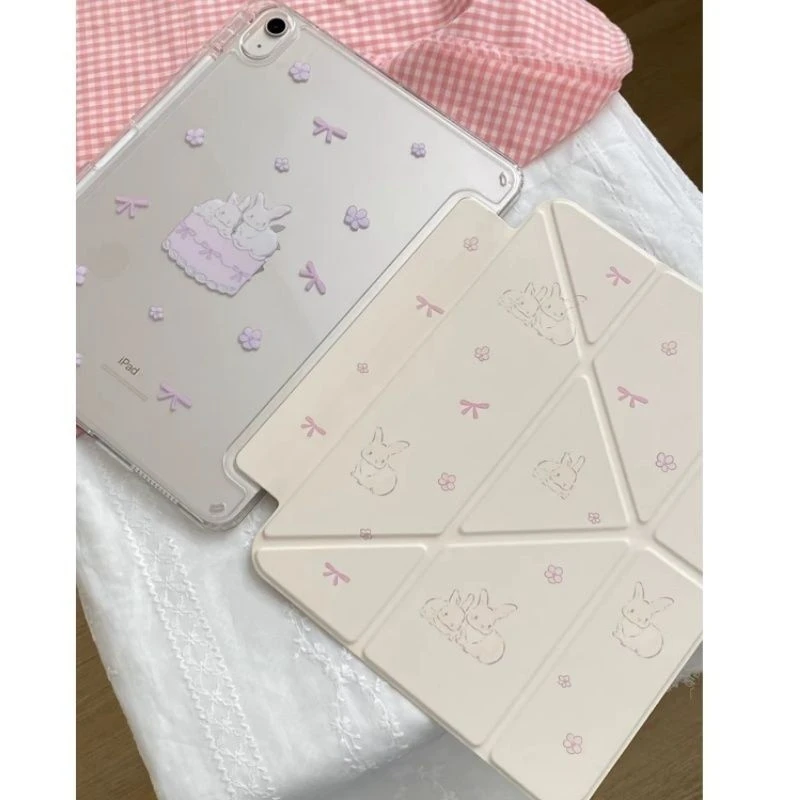Kawaii Rabbit Bow New Tablet Case For iPad Pro 11 12.9in 13 15 M4 9.7 10.2 5/6th 7/8/9 10 11th MINI 6 7 Air 5 6 7 Trifold Case