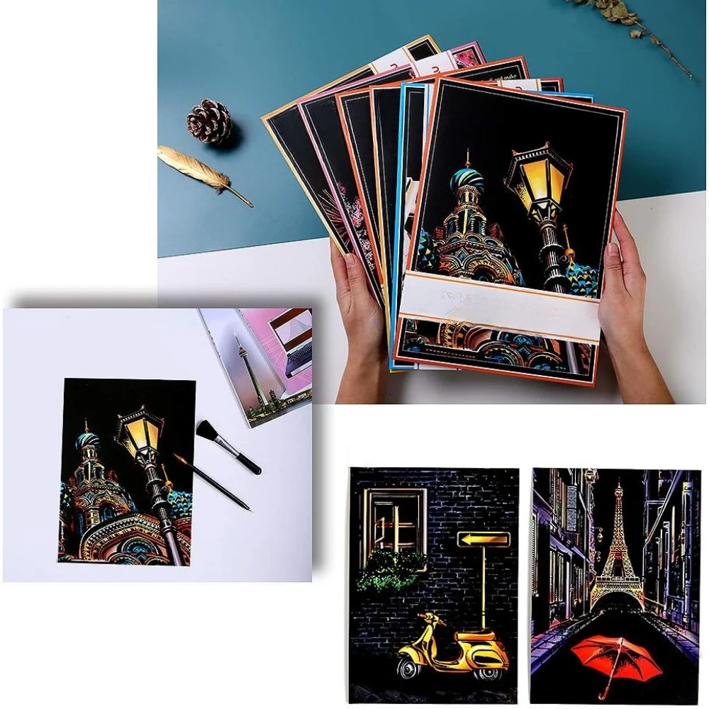 스크래치 및 스케치 아트 용지, 어린이 및 성인용, 무지개 그림 야경 스크래치 보드, 미술 및 공예, 조각 미술 세트