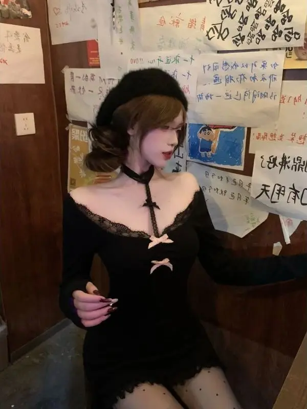 

Женское облегающее платье-свитер с V-образным вырезом и длинными рукавами, с кружевными вставками, из полиэстера, модель A-Line, в стиле Ciwalk.