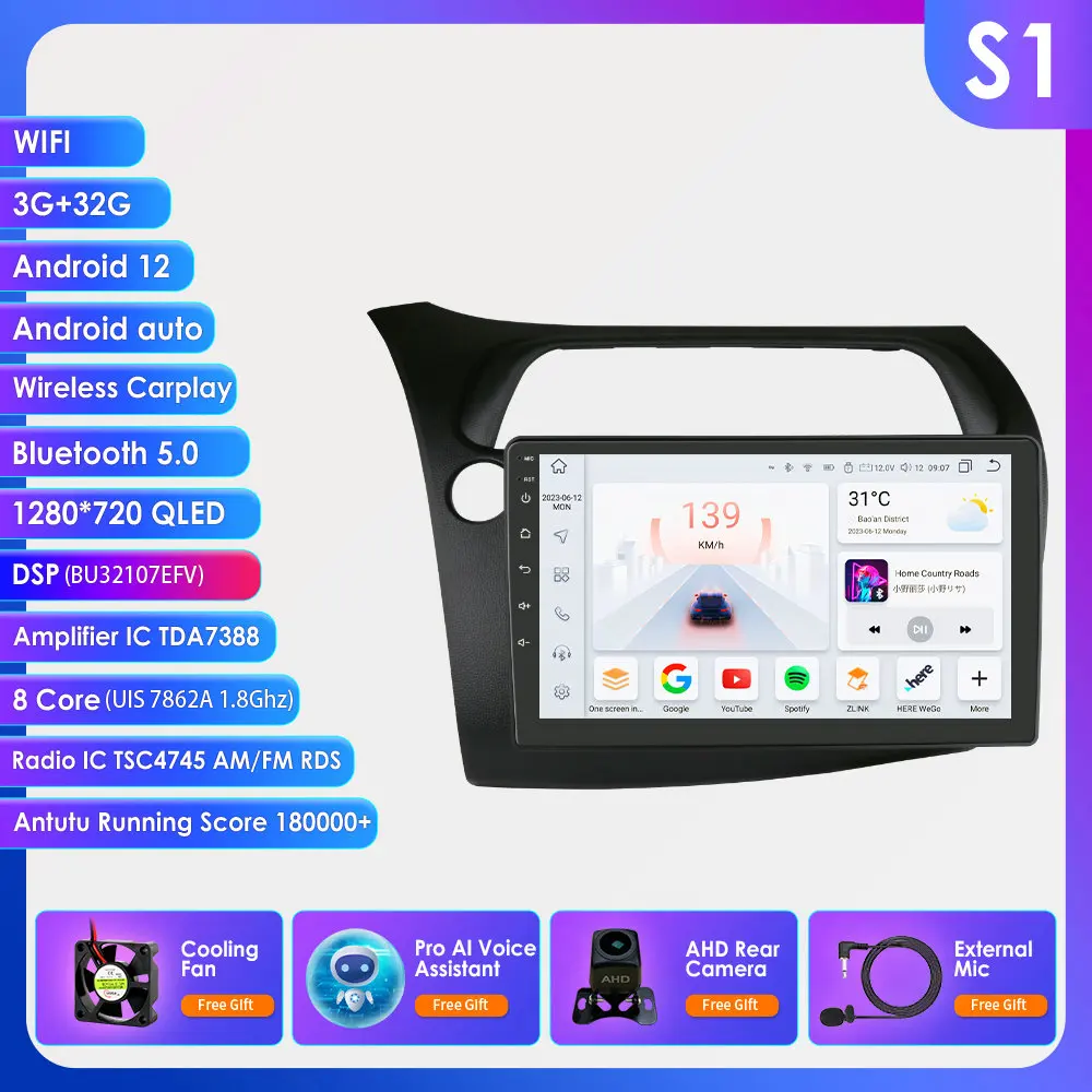 Android13 Autoradio Voor Honda Civic Hatchback 2005-2011 Auto Multimediaspeler Draadloze Carplay 4G-Let 2din Autoradio 360Camera