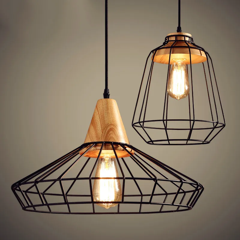 

Retro Iron Wood Indoor Pendant Lights Vintage Iron Cage Pendant Light Bar Cafe Study Dining Room Aisle Decor Hanging Lights