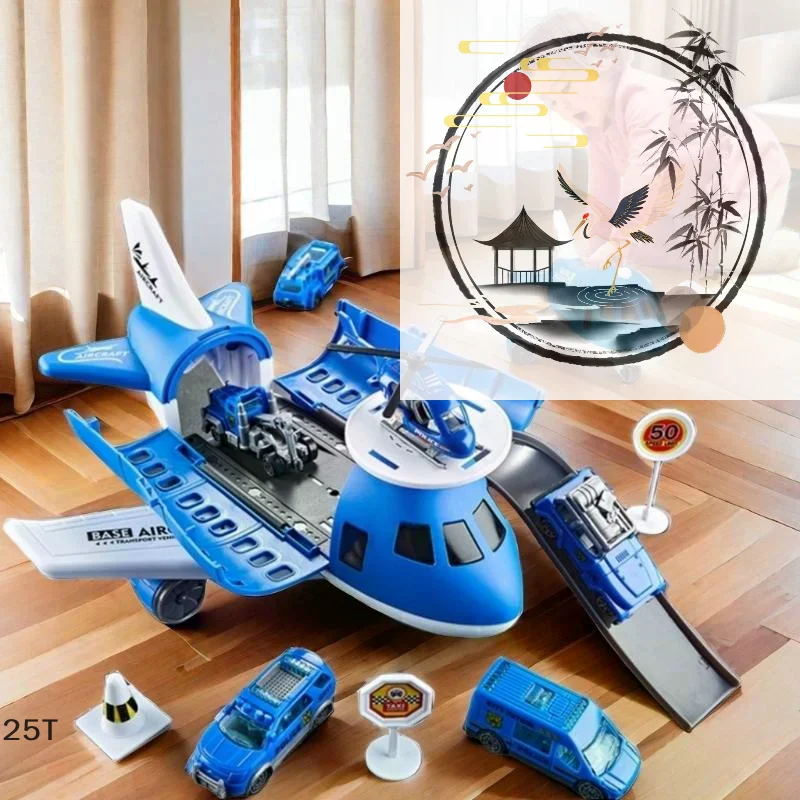 1 Set Christmas Gift Children's Airplane Car Toy Inertial Airplane Model With 6 Road Signs Random 3 Cars And 1 Helicopter