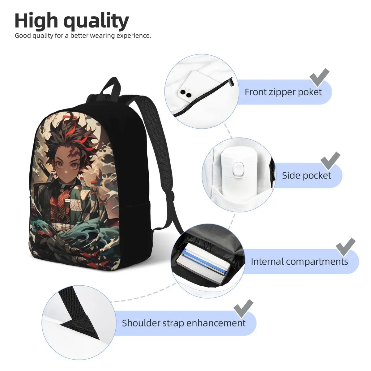 Zaino anime popolare per uomo donna adolescente scuola superiore affari zainetto Demon Slayer Tanjiro borse di tela per laptop all'aperto