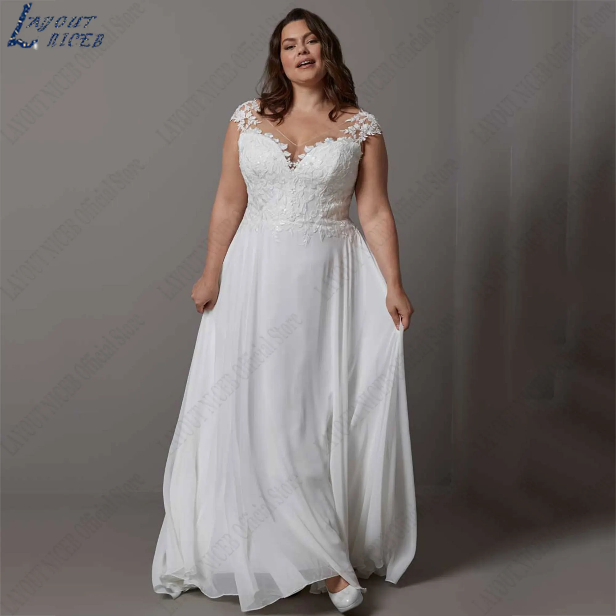 

LAYOUT NICEB Appliques Cap Sleeves Wedding Gowns 2024 V-Neck Plus Size Bride Dresses Lace Boho Chiffon Backless robes de mariée