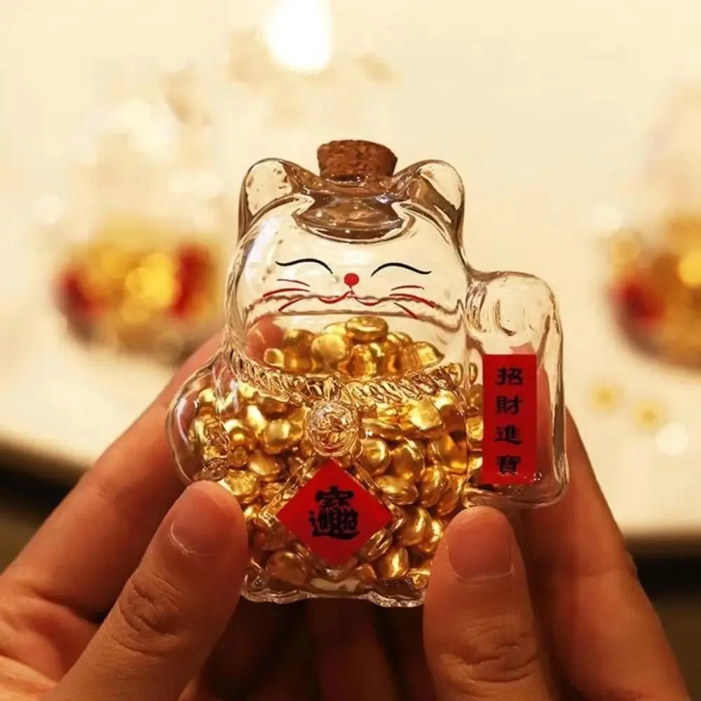Portable Cute Cat Shape Saving Jar Lucky Cat Decorative Lucky Cat Piggy Bank Clear Glass Gold Bean Container Bookshelf Display