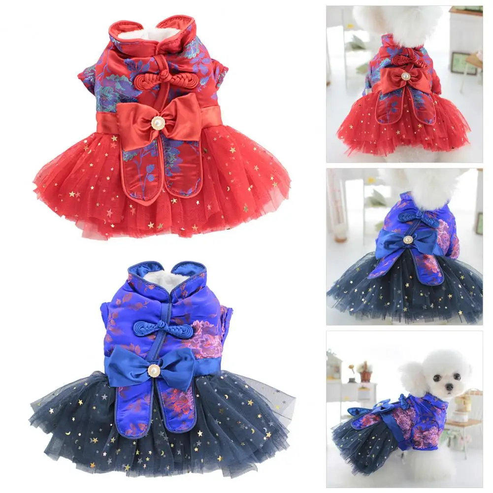 New Year Dog Outfit Pet Dress for Dogs Coil Button Pet Wedding Dress Mesh Patchwork Thickened Cute for Bichon Frise Autumn