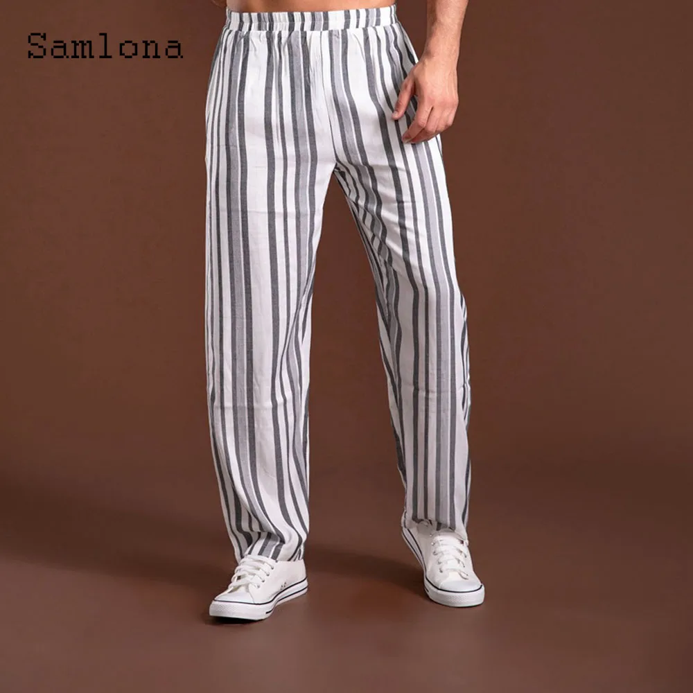 

Samlona 2024 Men's Stand Pocket Casual Straight Pants Men Vintage Striped Trousers Plus Size 3xl Mens Elegant Fashion Sweatpants