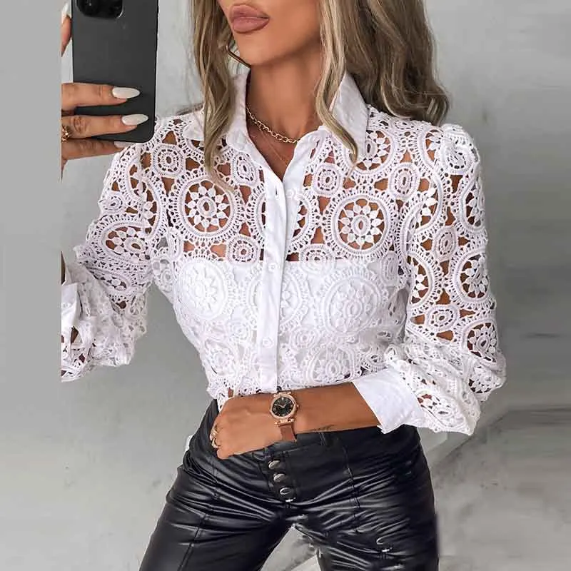 White Lace Patchwork Shirt Blouse Women Spring Summer Unlined Long Sleeve Shirts For Women 2024 Fashion Hollow Out Vintage Tops