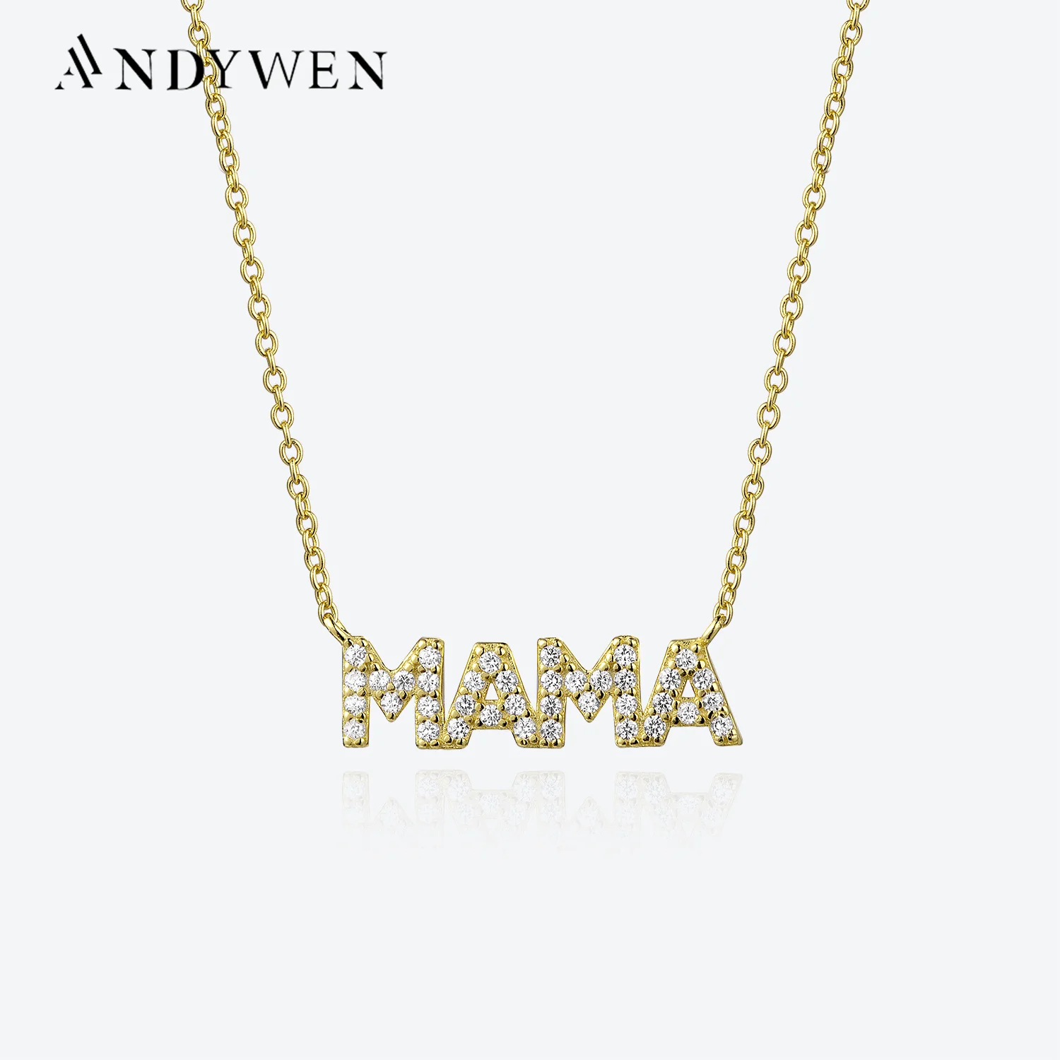 ANDYWEN 925 Sterling Silver Gold Zircon CZ MAMA Pendant Long Chain Necklace 2022 Women Wedding Luxury Mother Fine Jewelry