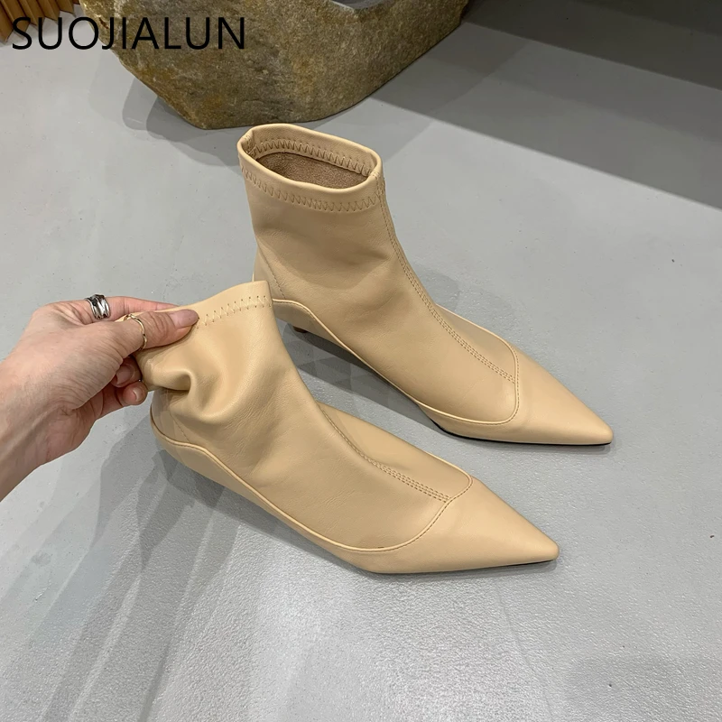 SUOJIALUN Winter New Thin Low Heel Women Ankle Boots Fashion Pointed Toe Slip On Chelsea Boots Shoes Soft Leather Short Boots