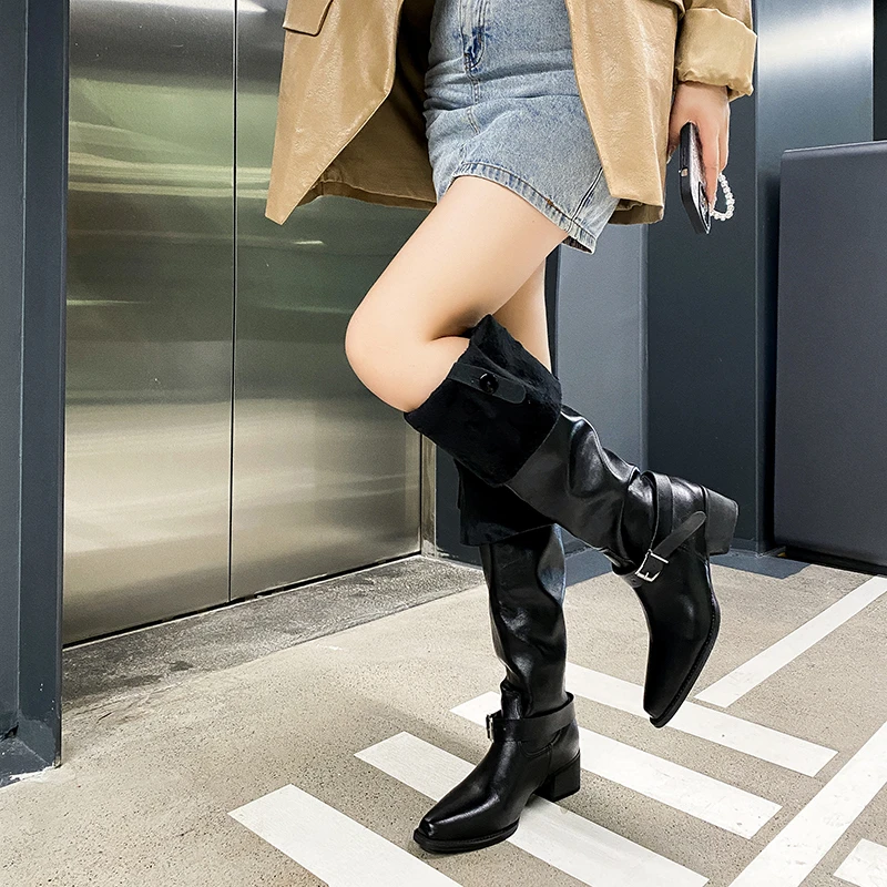 

Женские рыцарские сапоги с большой стеной на осень и зиму 2025 года. Сапоги до колена в стиле ретро с острым носком на толстом каблуке, утягивающие сапоги