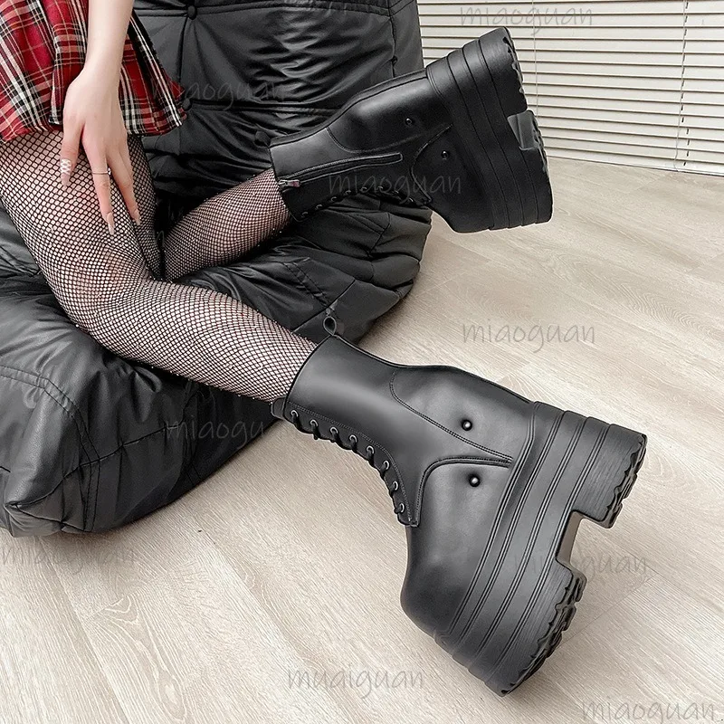 Height Increasing Women's High Boots Black Leather Thick Bottom Platform Shoes Side Zip Gothic Punk Short Boots Street Style