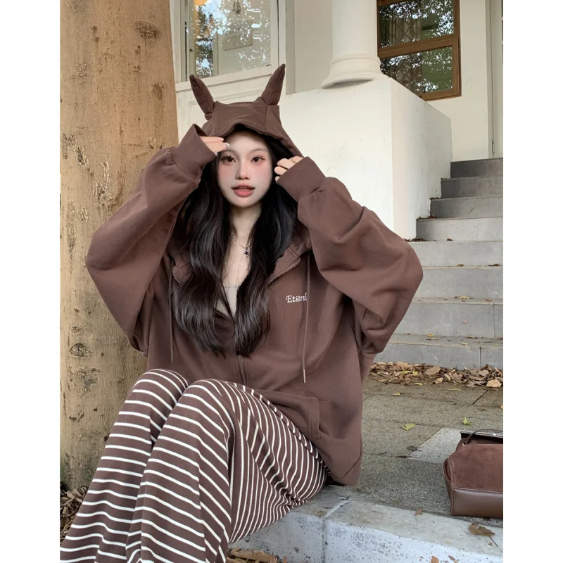 Brown Jacket Sweatshirt Women Vintage Coat Long Sleeve Streetwear Korean Fashion Casual Y2K Style Winter Female Hooded Tops