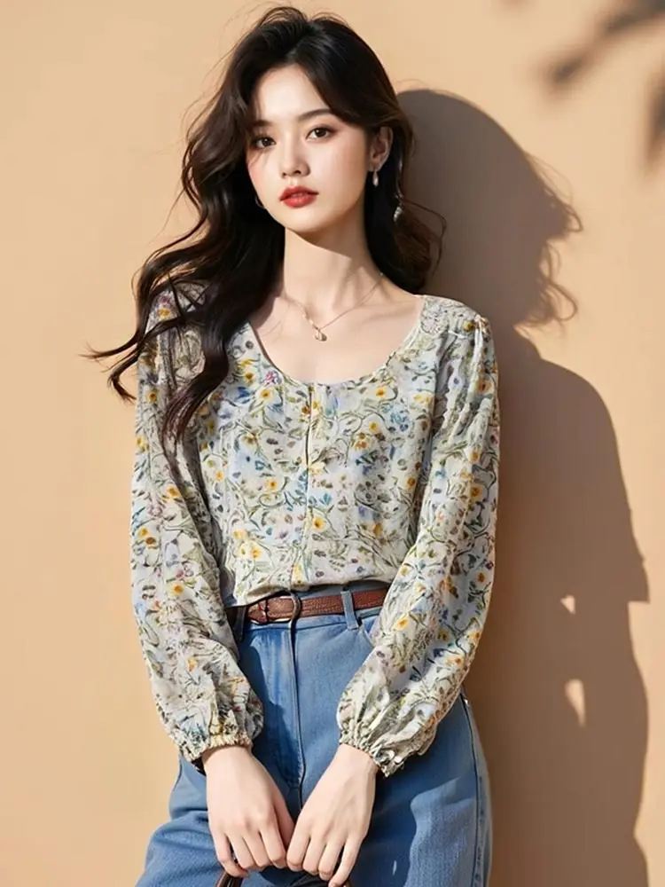 

Chic Comfortable Floral Print Chiffon irt Long Sve Women's Top Ele Korean Sle Straight Cut Silk Blend Blouse