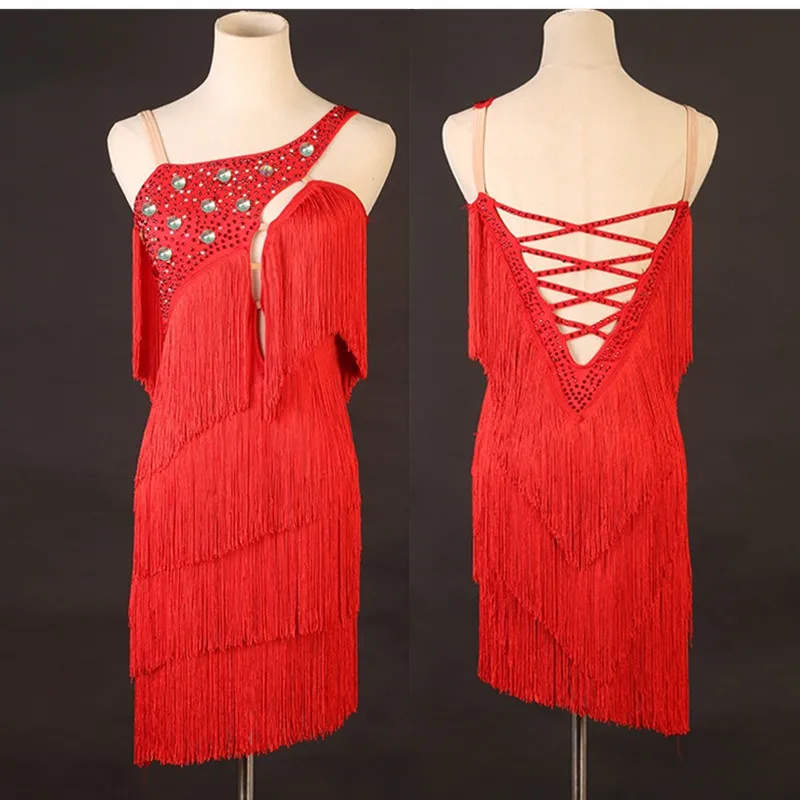 

red fringe latin competition dress rhinestone crystal latin danc dress woman salsa gatsby dress S-XXXL 346