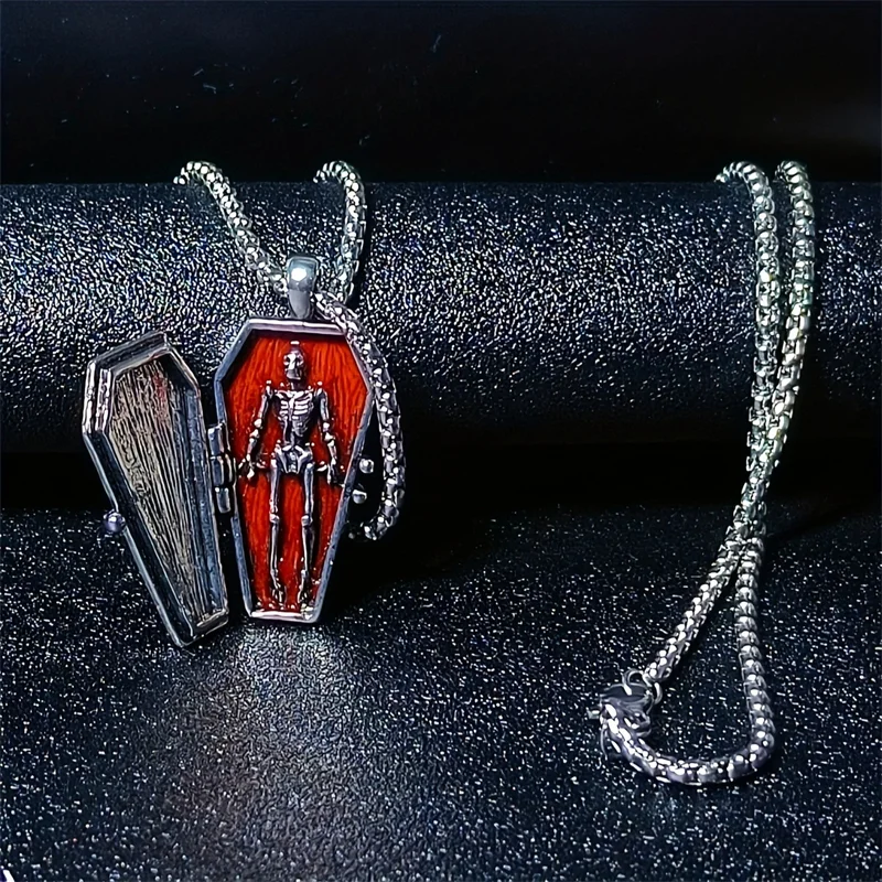 

Vampire Hallowee Bat Cross Open Box Coffin Casket Red Enameled Pendent Charm Necklace Vintage Punk Cool Vampire Jesus Jewelry