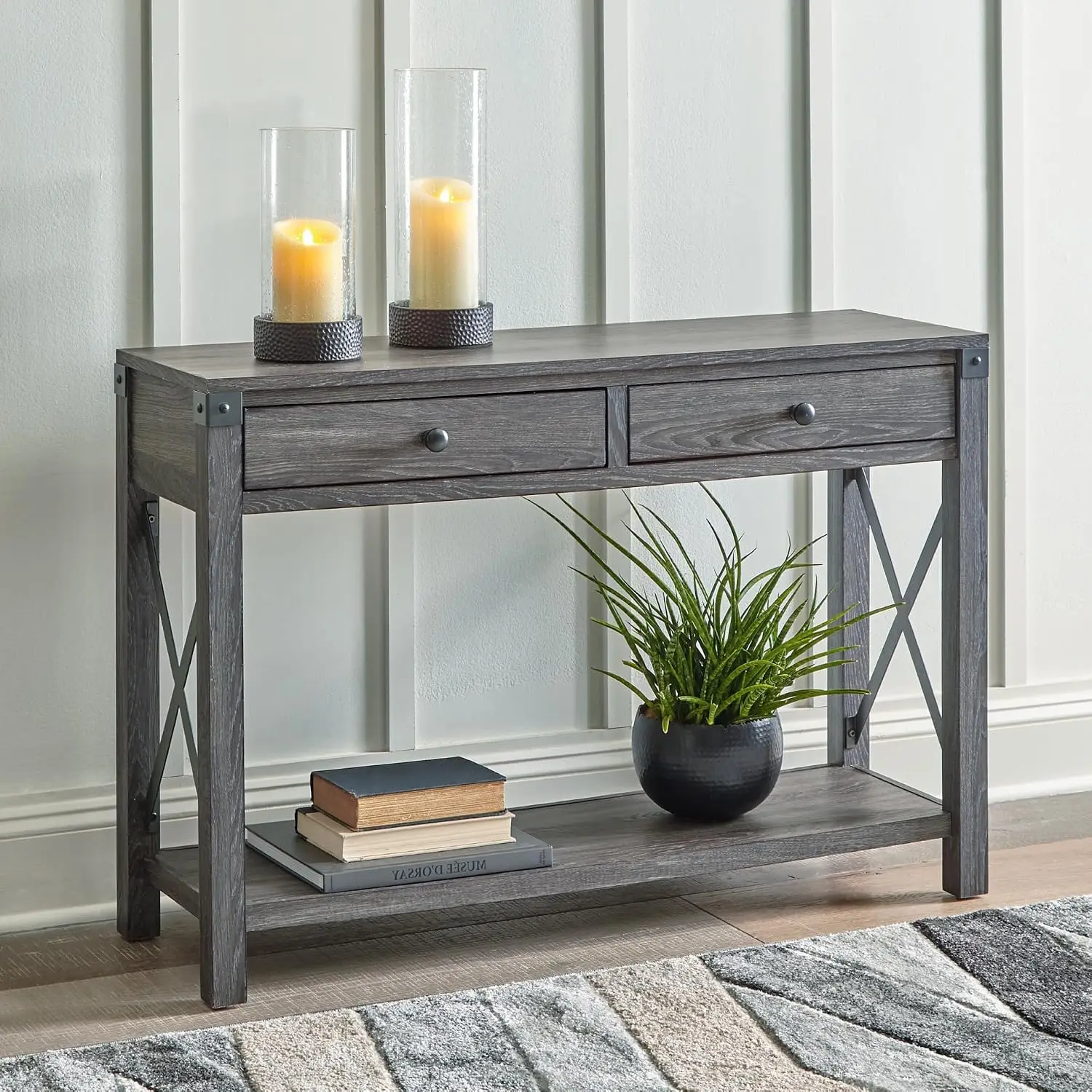 Rustic Farmhouse Console Sofa Table, Gray | Modern farmhouse style, 2 smooth-gliding drawers, 14 in depth,, Customized