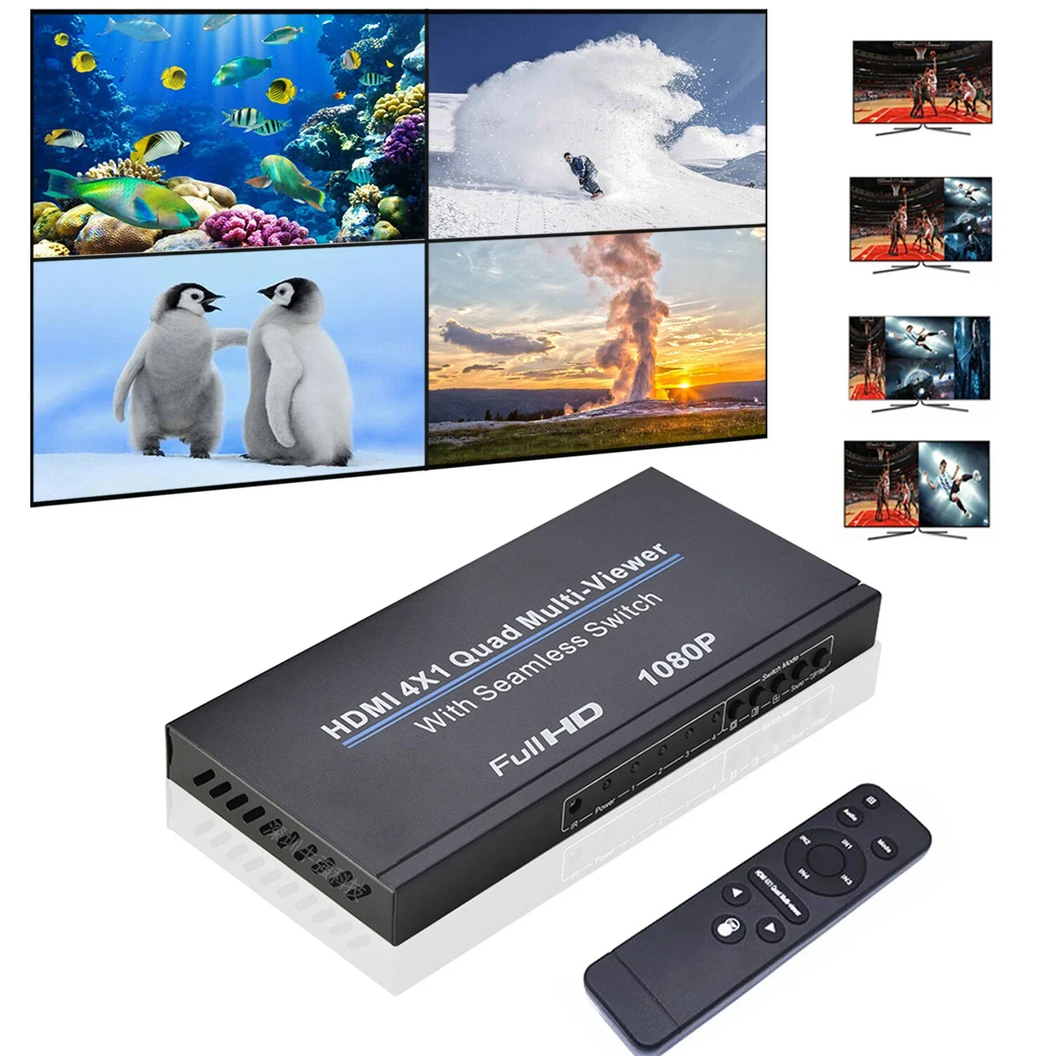 4x1 HDMI Quad Screen Multiviewer 1080P 4 in 1 Out HDMI Multi Viewer Seamless Switcher 6 Display Modes for Camera Laptop PC To TV