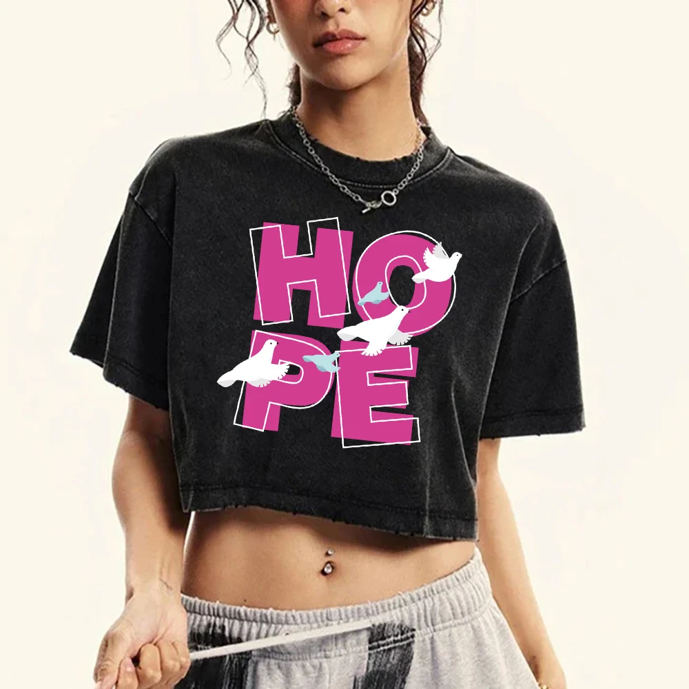 Hope Pigeon Pink Letter Printing Womens Washed Crop T-Shirts Retro Cotton Tee Shirt Fashion Casual T Shirts Crewneck Slim Tops