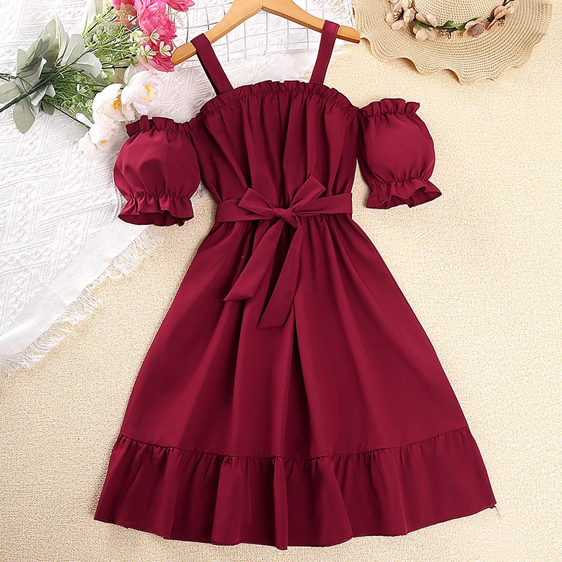 Summer Girl's Dress Polyester Suspender Off-the-shoulder Lantern Sleeve Lace Solid Color Lace-up Double A-line Knee-length Skirt