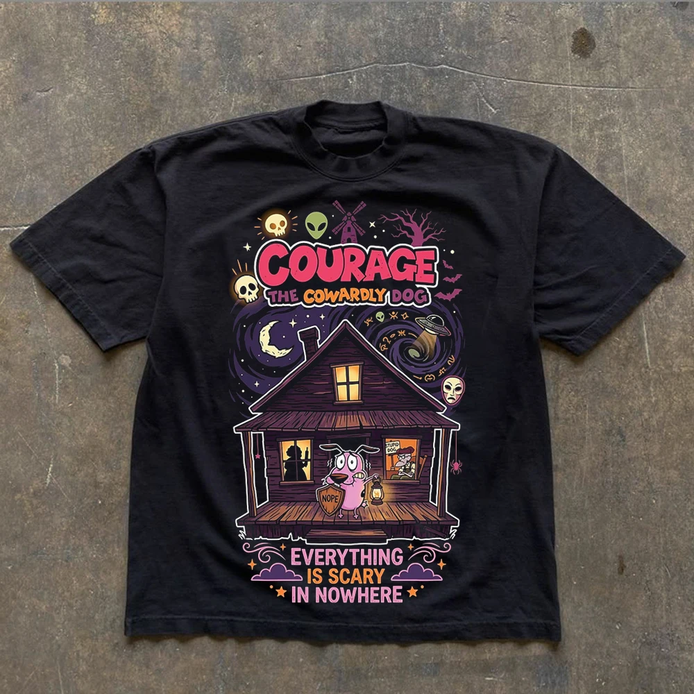Vintage Courage the Cowardly Dog Cartoon Print Short Sleeve T-Shirt Retro Unisex Graphic Tee 90s Nostalgia Summer Streetwear Top