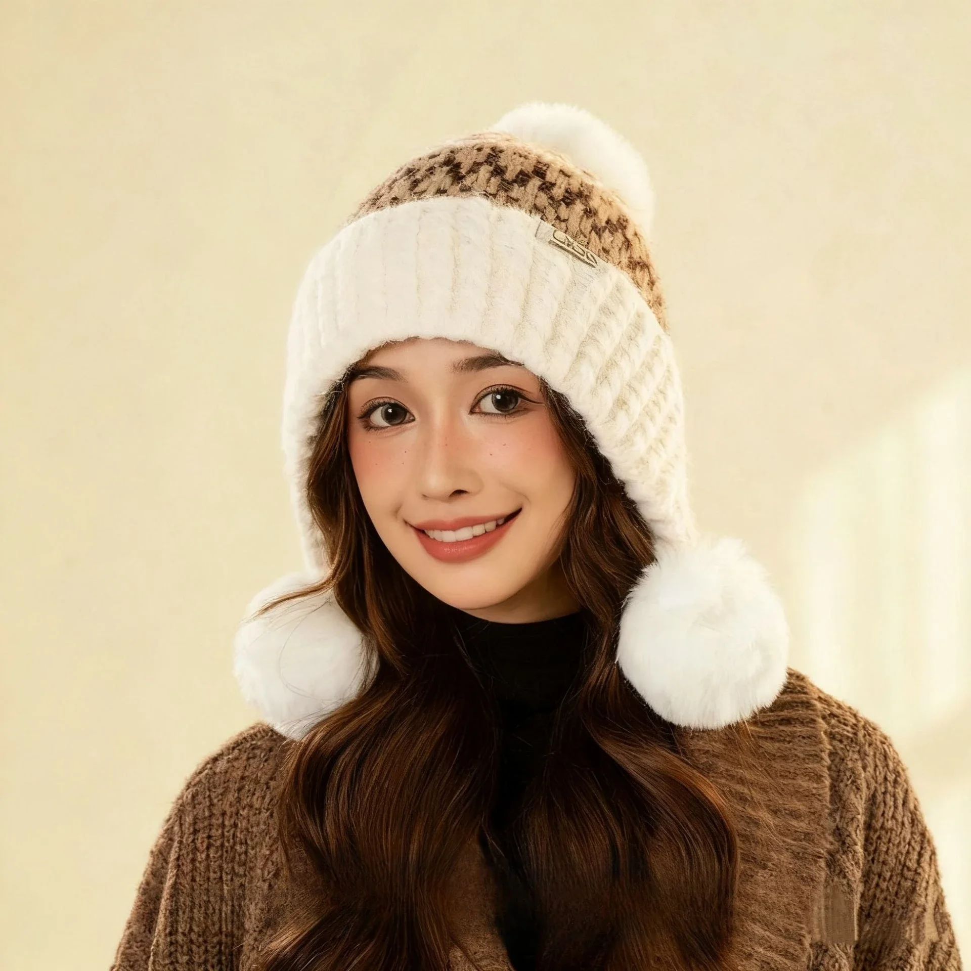 Japanese Colorblock Pom Pom Beanie – Ear Flap Knit Winter Hat with Fleece Lining, Warm Thick Cap for Women