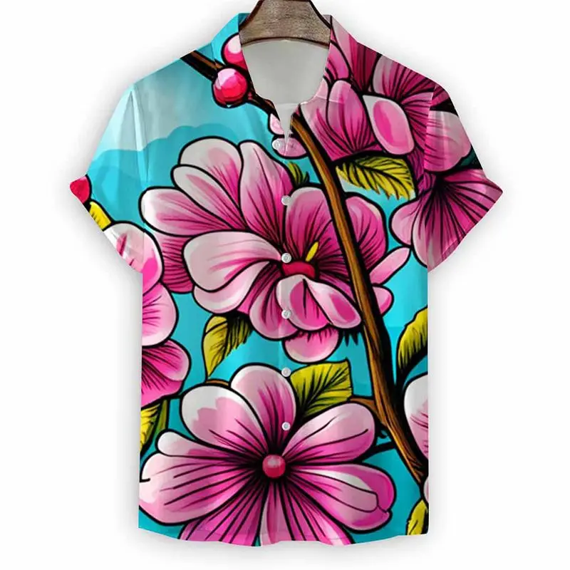 Camisa de praia havaiana de manga curta masculina, blusa casual com lapela estampa tulipa, moda confortável, novo estilo, 2024