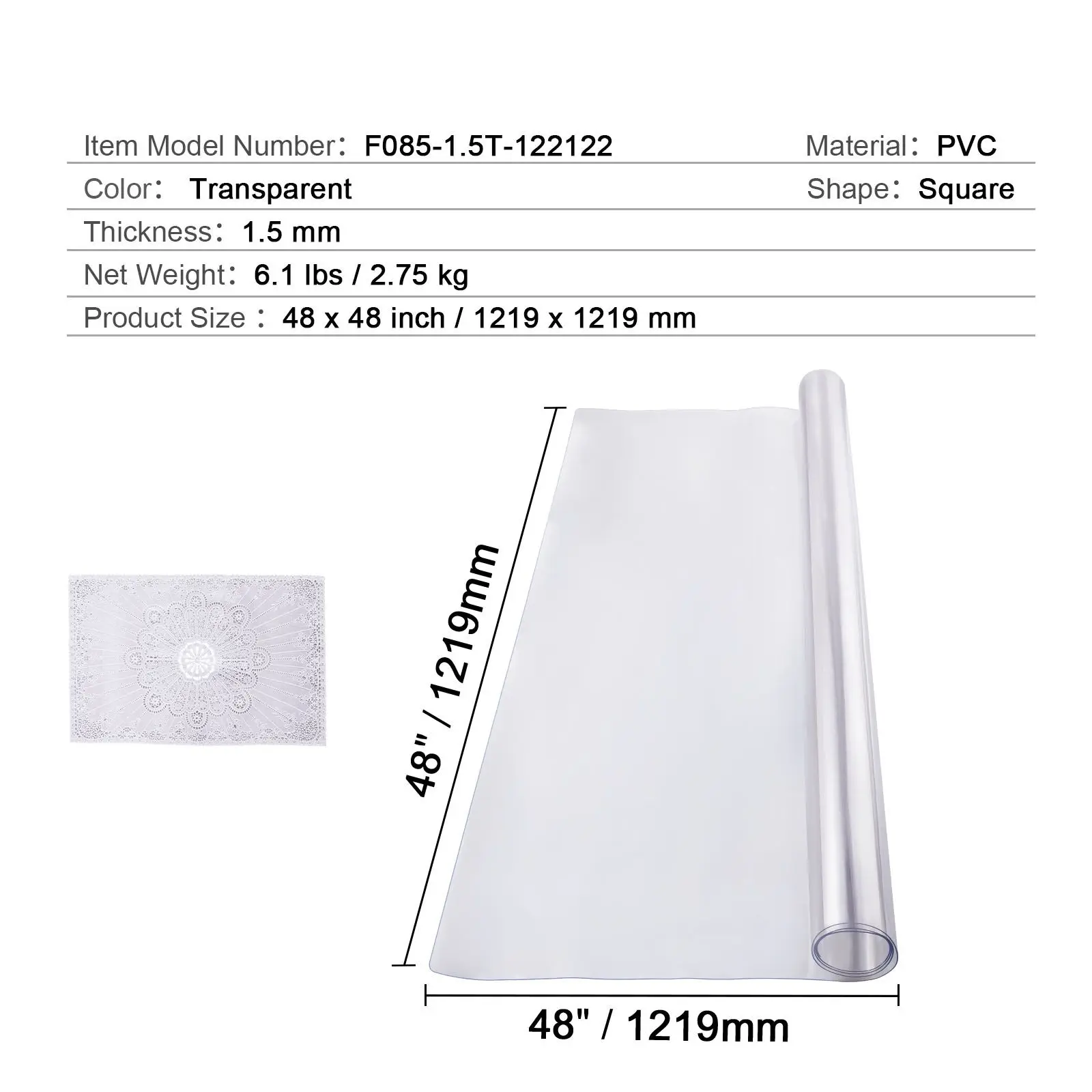 Plastic Table Cover, 48 x 48 Inch 1.5 mm Thick Clear Table Protector, Square PVC Desk Mat, Waterproof & Easy Cleaning Desk Pad Tablecloth, for Office Dresser Dining Room Table Night Stand