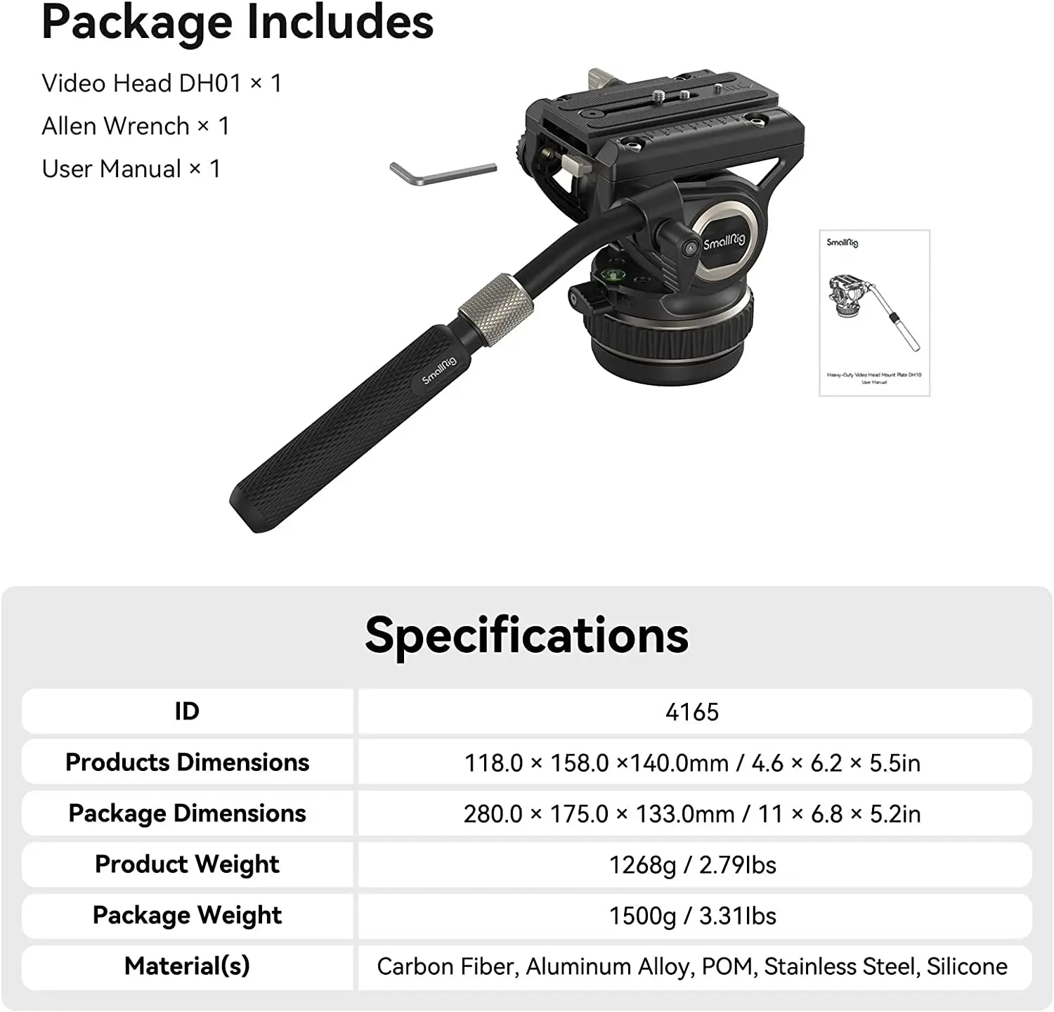 Smallrig Dh10 Heavy Duty Statief Vloeistof Videokop Met Vlakke Basis Verstelbare Handgreep Voor Manfrotto Quick Release Plaat Voor Dslr